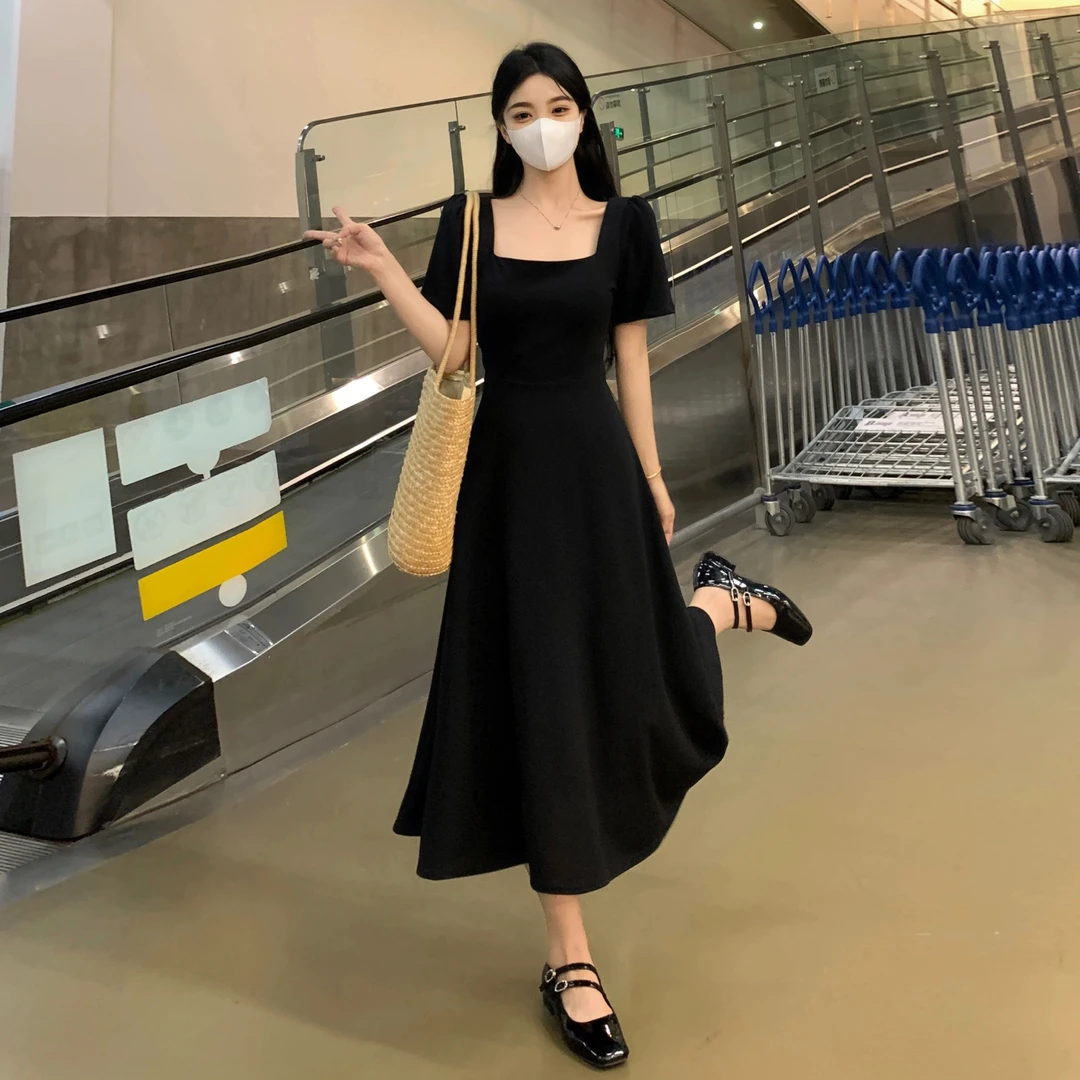 【现货】黑色连衣裙女夏季法式复古方领收腰显瘦气质赫本风长款裙子