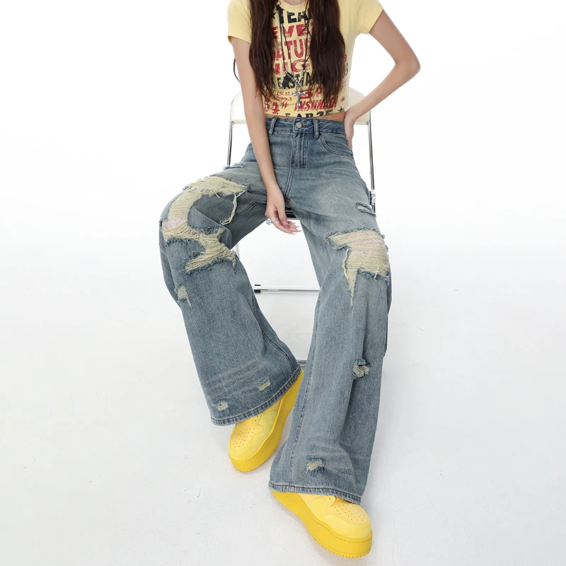 破洞高腰牛仔裤女2025夏季新款宽松显瘦百搭复古窄版直筒阔腿裤子