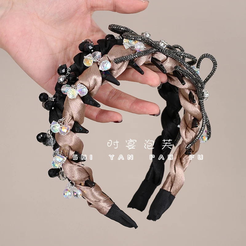 黑色蝴蝶结手工编织带齿细发箍女高级感时尚头箍发饰