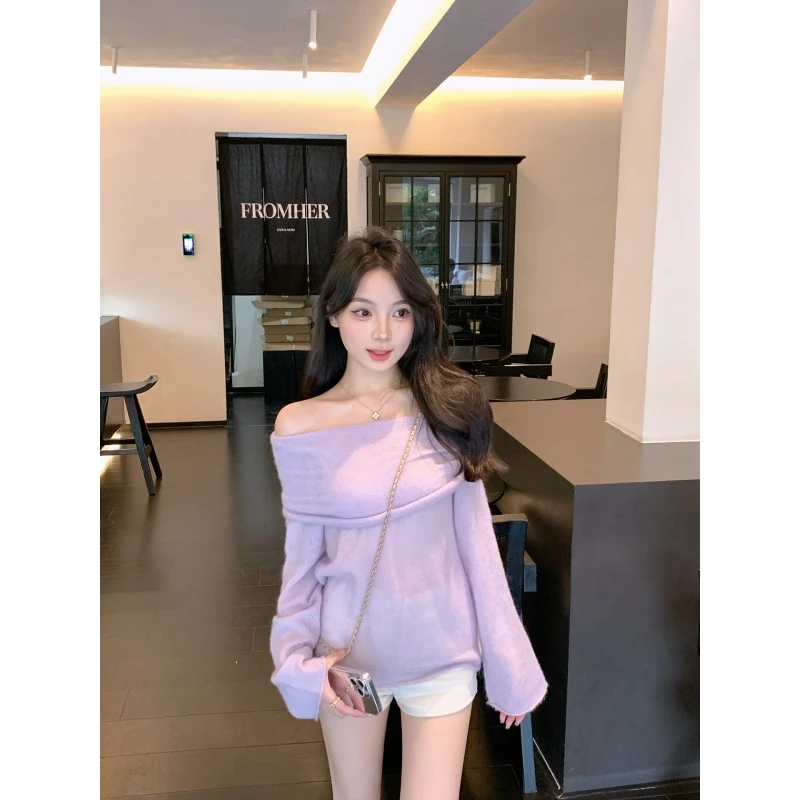 一整套ootd穿搭法式气质性感辣妹一字肩针织衫毛衣休闲百搭短裤潮