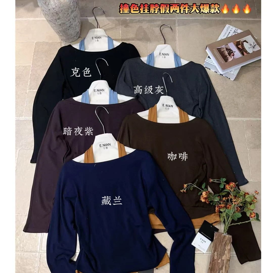 斜领女士轻职风T恤抗起球假两件高领高级灰INS风长袖打底衫女6165