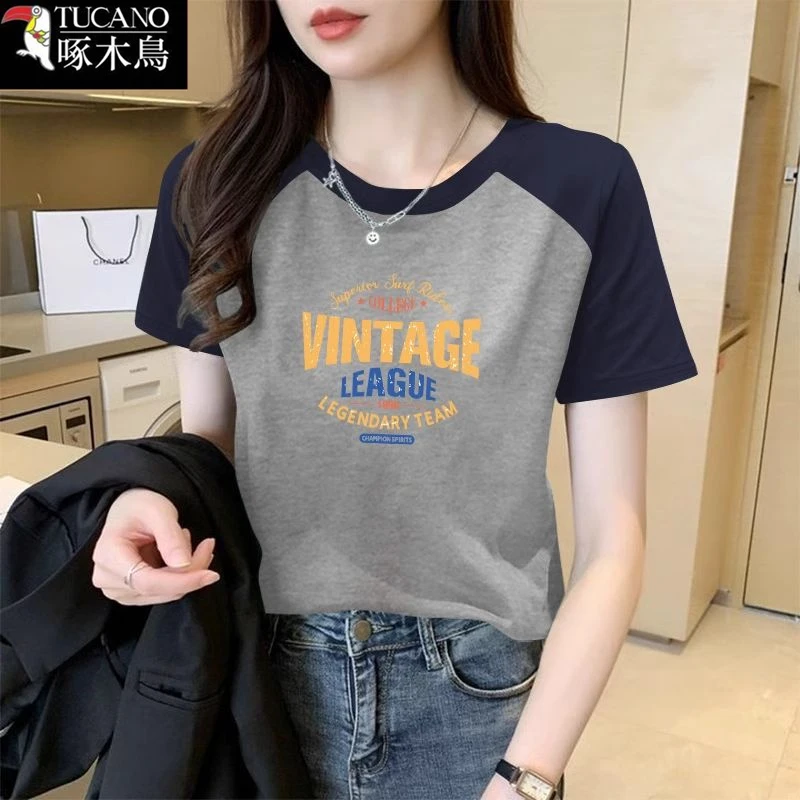 啄木鸟圆领短袖插肩袖撞色透气T恤女2025年新款夏季字母印花上衣
