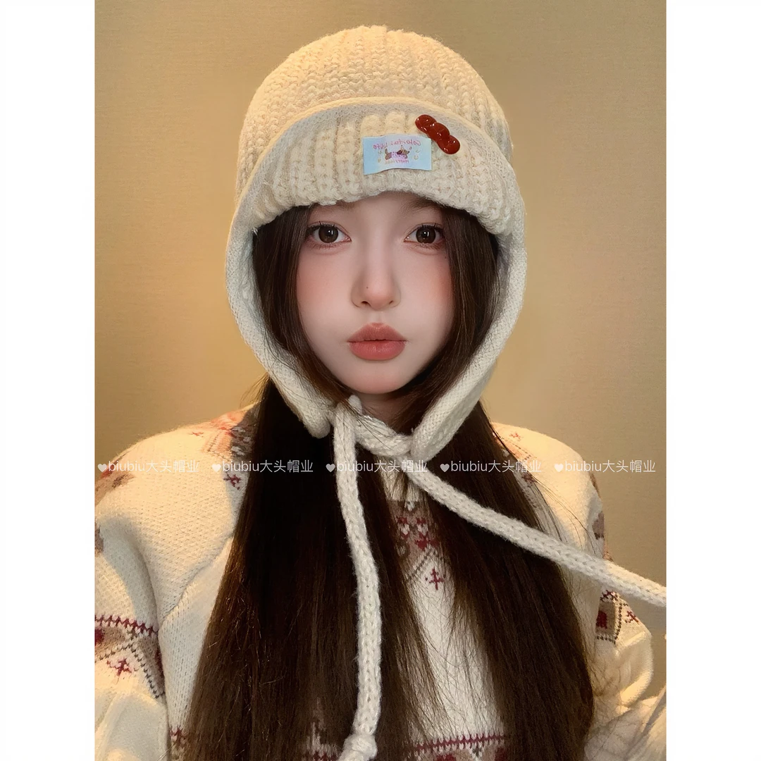 【55cm-65cm】韩国定制大头围“可爱蝴蝶结”针织护耳帽 保暖针织帽