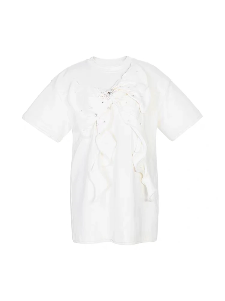 花颜超大蝴蝶结后背开叉白色慵懒中长款短袖T恤