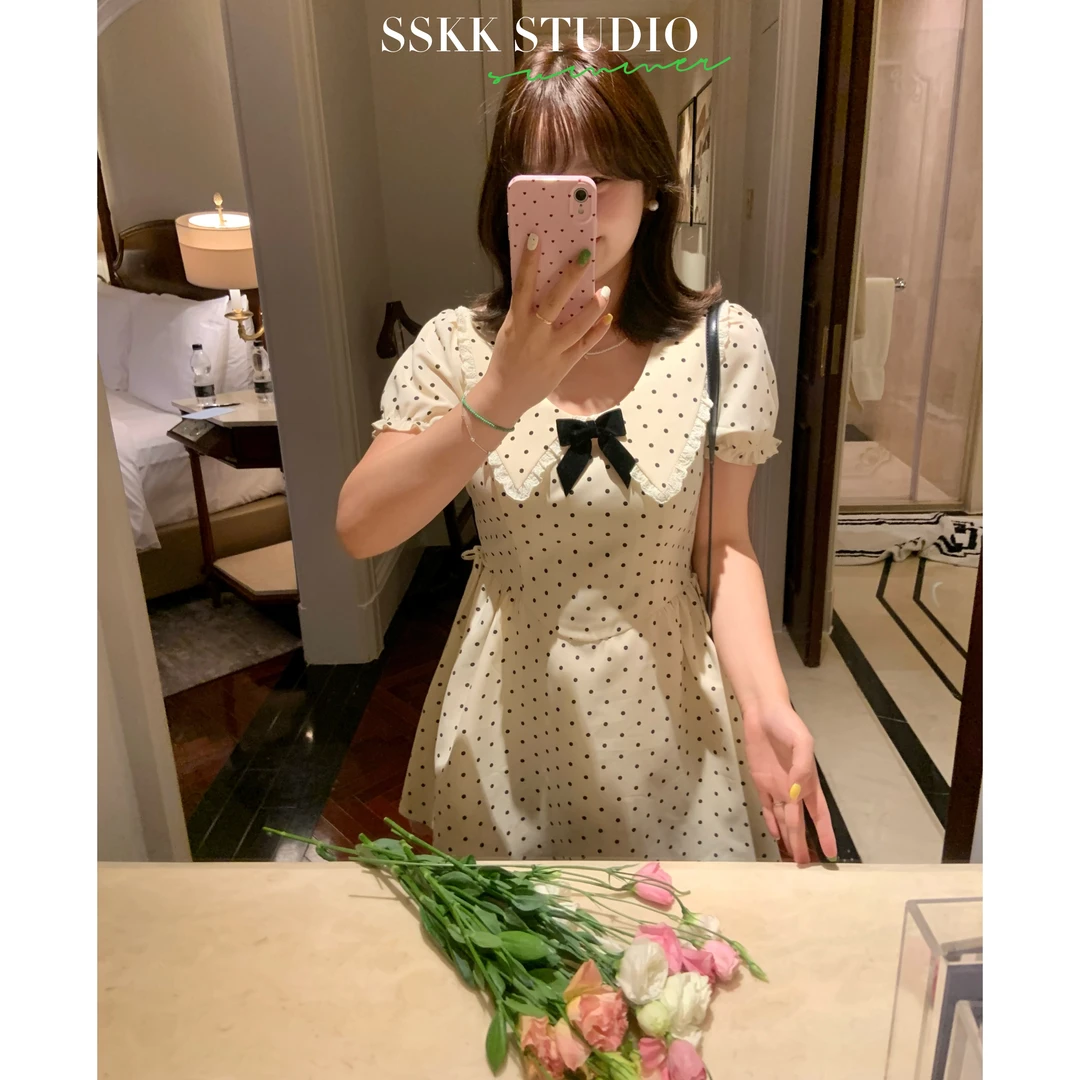 KMZY/KMZY山_山【甜系女友短袖版】微胖法式初恋波点收腰波点连衣裙