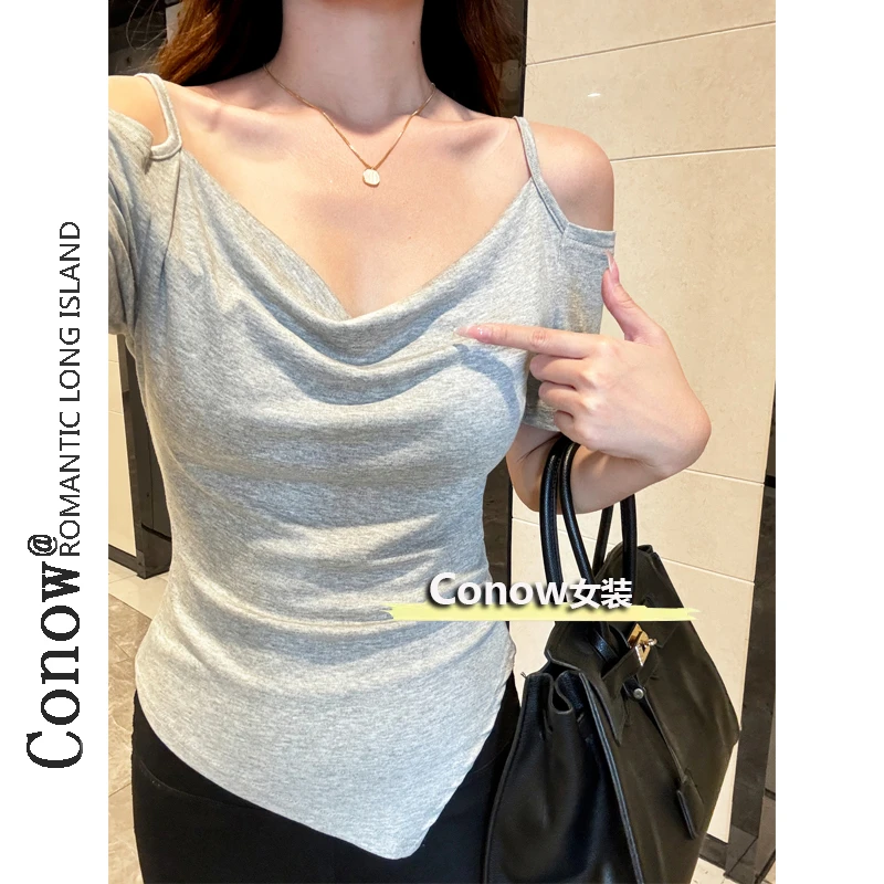 彩诺纯欲风修身显瘦露肩不规则气质短袖T恤夏季简约风设计感上衣