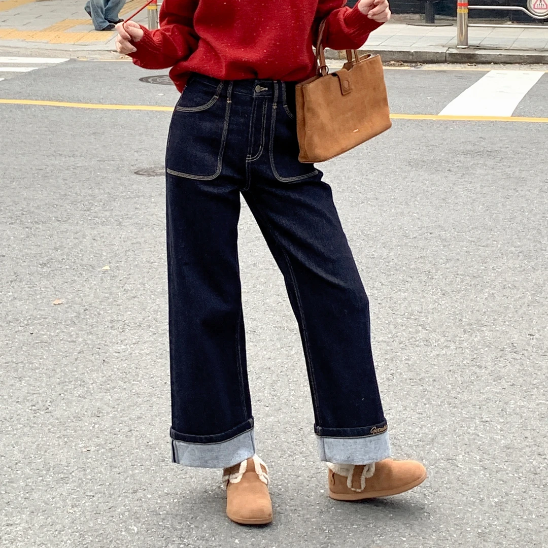 法儿家韩国限定【新品】【深蓝漫步】FS410X009撞色明线牛仔裤