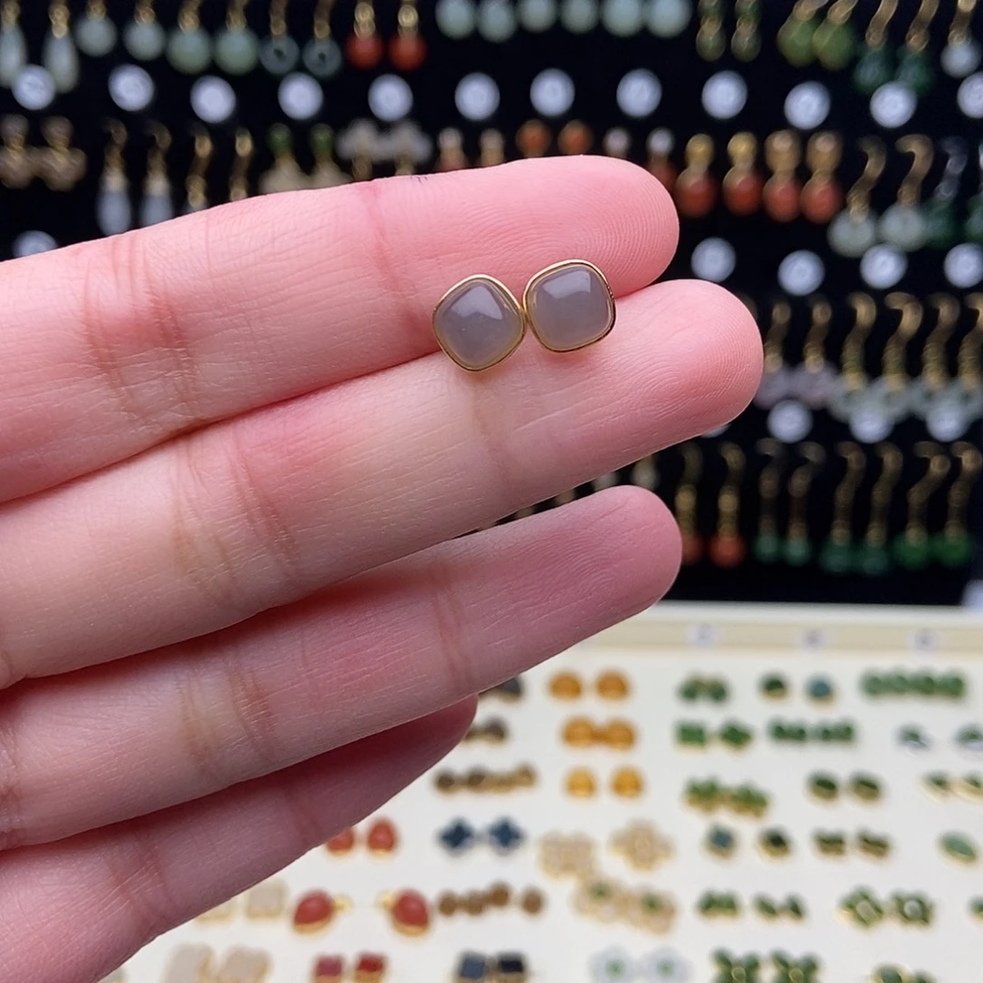 和田玉银S925镀金镶嵌耳饰