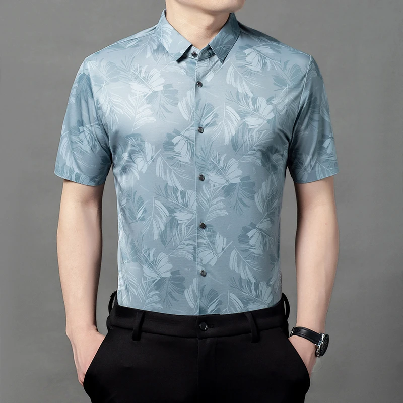 卡尔皮诺夏季亚麻男士短袖免烫时尚高档衬衫帅气中青年衬衣7702款