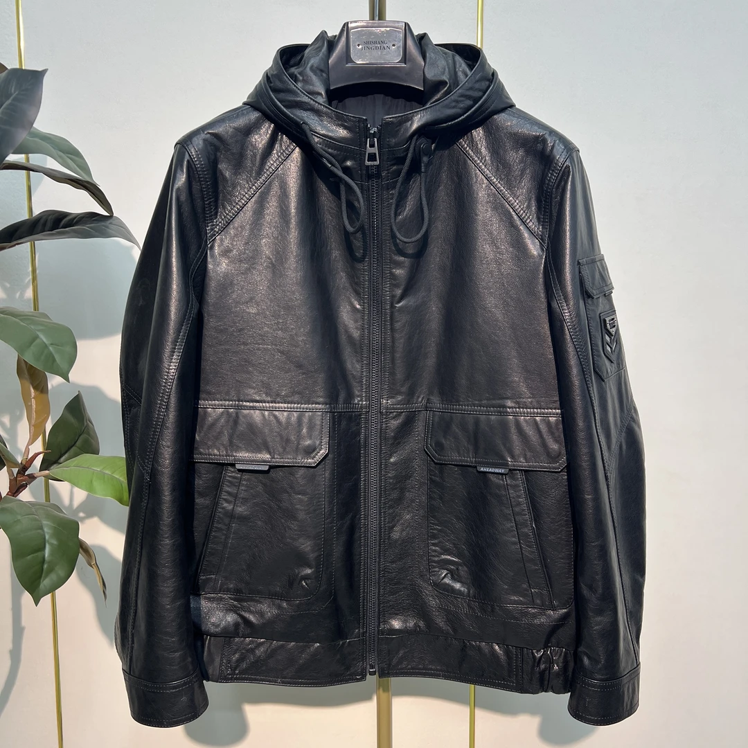 休闲皮衣松紧连帽秋季百搭时尚皮衣男士经典