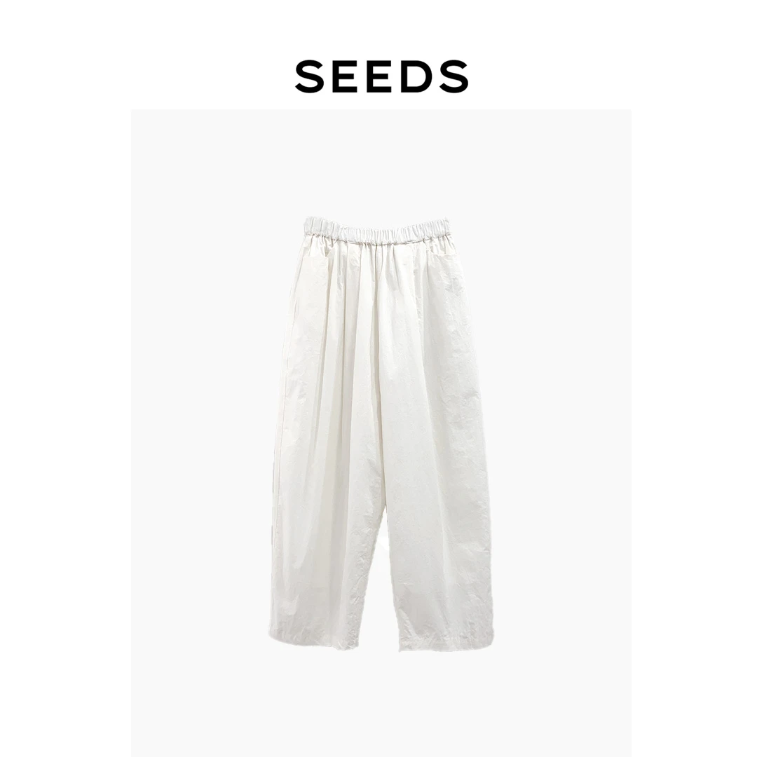SEEDS STUDIO【日系老钱】米白色松紧腰休闲裤 K250248