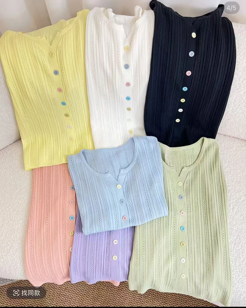 2025夏季新款冰丝彩色单排扣短袖针织衫女V领洋气镂空上衣开衫