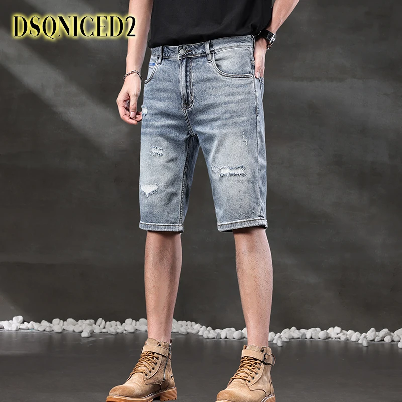 DSQNICED2夏季破洞牛仔短裤男复古潮流男士薄款五分牛仔中裤子男