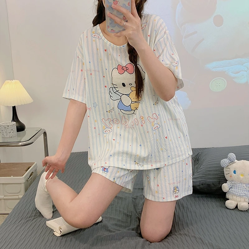2025夏季新款套头云朵棉卡通可爱少女宽松版圆领双短套装睡衣