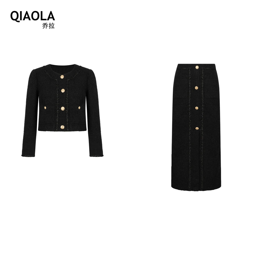 QIAOLA/乔拉【时光之轨】冬款小香风格纹单排扣轻奢时尚套装预售