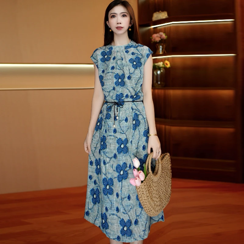 蓝花绮梦裙 气质中长款时连衣裙百搭遮肉裙子