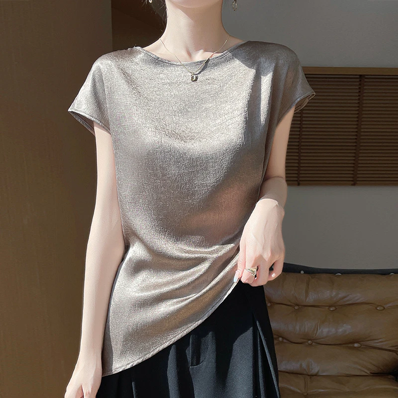 丝绸缎面夏季女装新款肌理感上衣时尚百搭圆领修身气质T恤YTM-A80