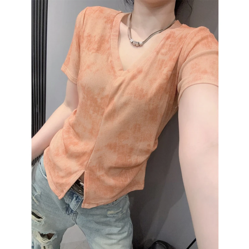 下摆开叉V领短袖T恤女设计感褶皱印花百搭气质修身网纱上衣夏欧货