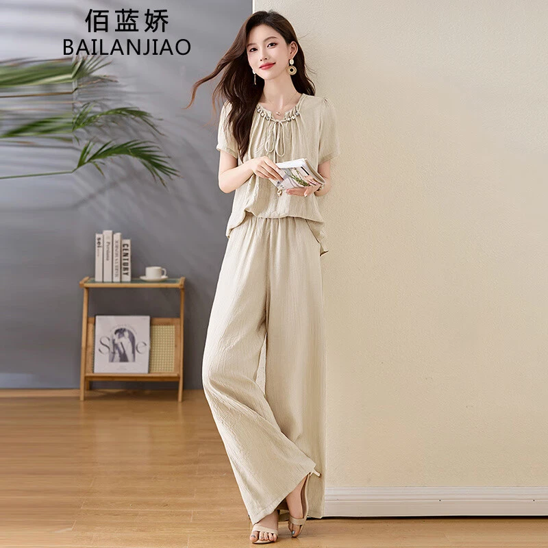 大方得体穿搭一整套2025爆款超火夏装40减龄穿搭小衫阔腿裤两件套