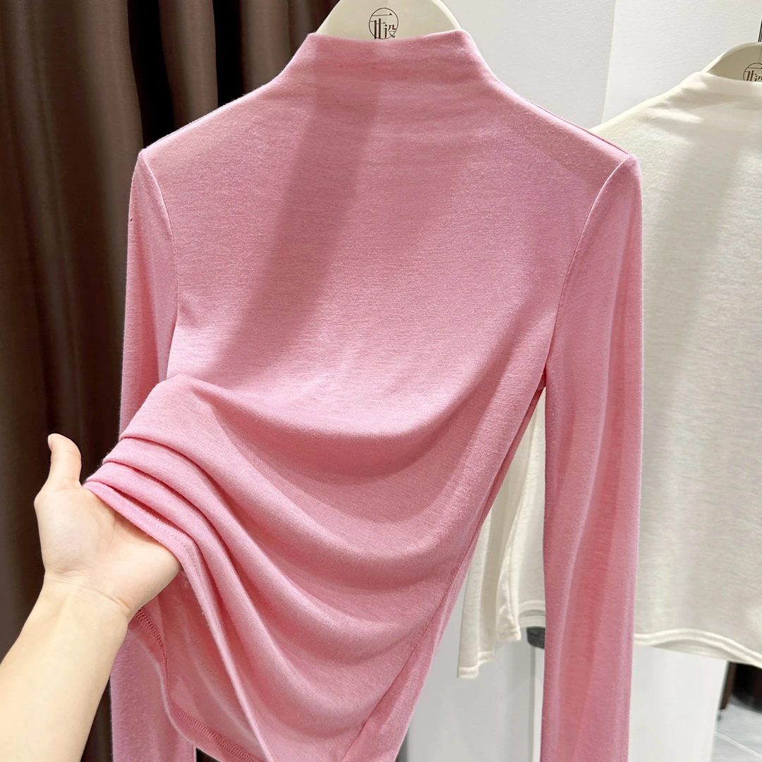 粉色半高领打底衫女秋季软糯长袖修身内搭薄款高级感百搭T恤上衣