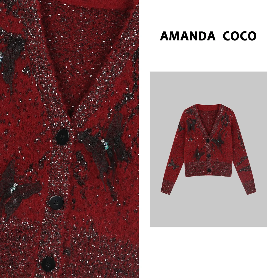 AMANDACOCO | 小众设计~高定立体蝴蝶V领气质毛衣