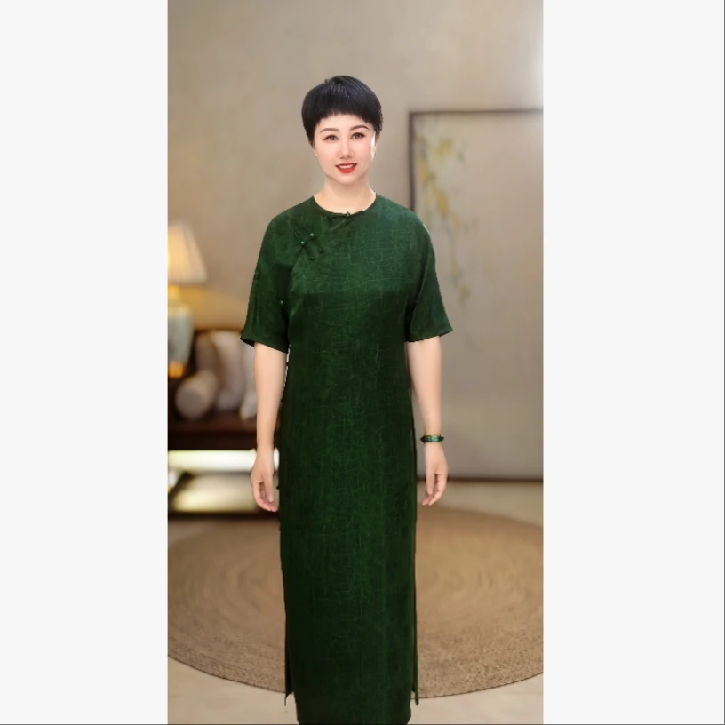 【不负韶华】100%桑蚕丝非遗香云纱透孔花萝全开襟连袖连衣裙W30