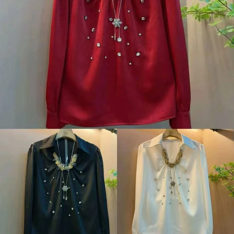 LL琳大码胖妹妹显瘦翻领衬衫时尚轻奢重工镶钻洋气上衣女7529