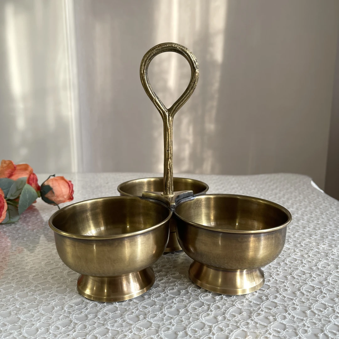 复古黄铜三碗提篮 轻奢手工艺品家居装饰高档摆件