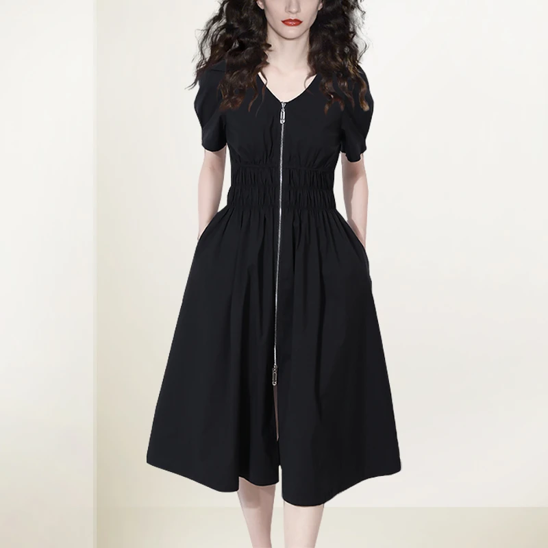 法式黑色V领连衣裙女2025年夏新款小个子显瘦百搭高级感短袖A字裙