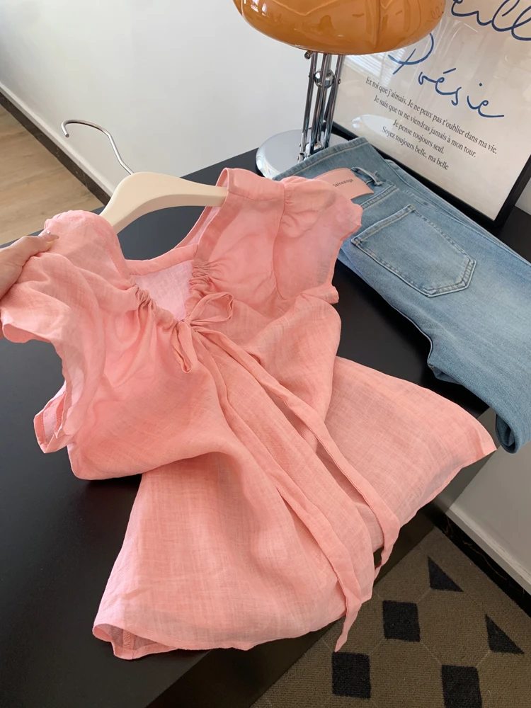 2025新款甜美夏日轻薄粉色v领正肩短袖衬衫女薄款上衣轻奢高级感