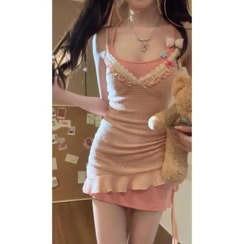 日系甜美纯欲少女蕾丝花边抽绳显瘦不规则吊带叠穿连衣裙