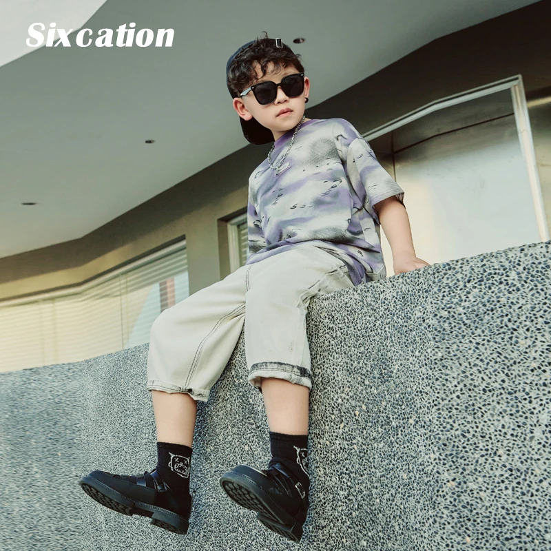 男童夏装紫色扎染短袖t恤新款童装潮牌上衣儿童半袖体恤S6979