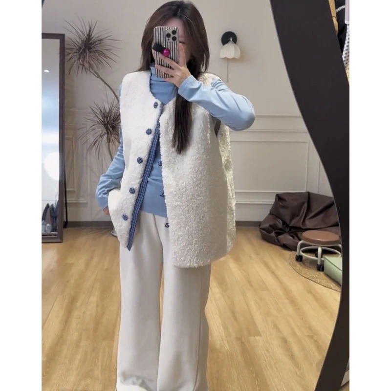 韩系拼接绒毛2025秋冬新款胖mm洋气+百搭打底衫宽松显瘦套装女