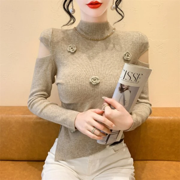 实拍2025重工钉钻秋季新款甜美花朵毛衣打底衫修身半高领针织衫