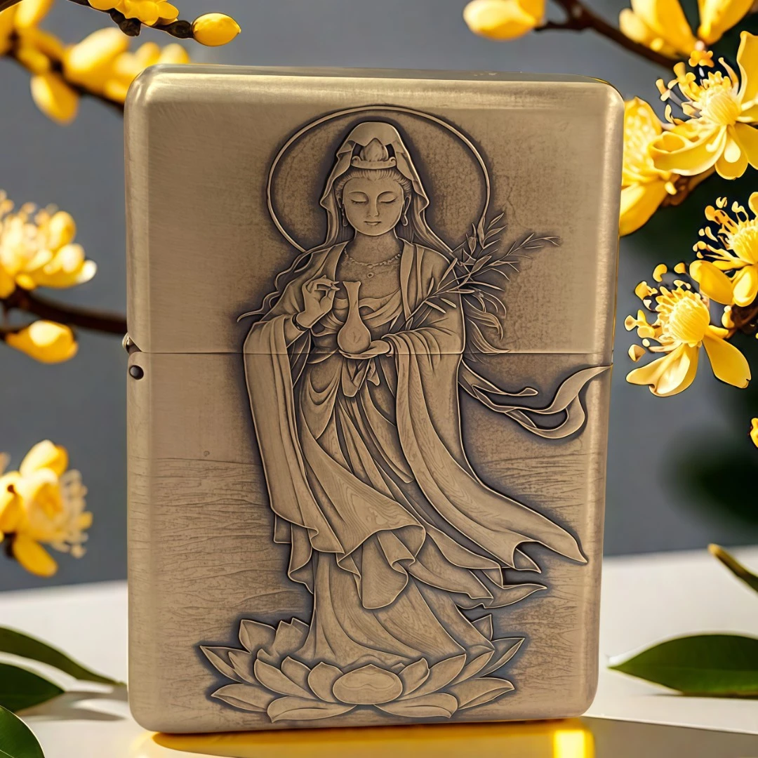煤油打火机黄铜重甲一体机3D浮雕双面雕刻国风观音题材男士收藏