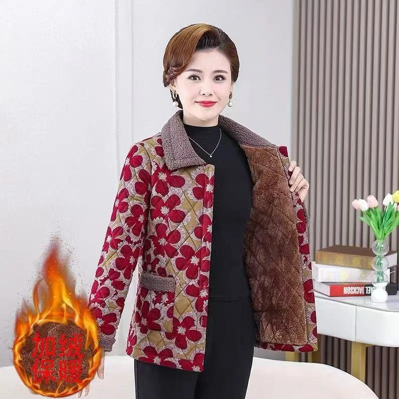 {春姐94}妈妈棉衣外套碎花秋冬季加绒棉袄中老年保暖宽松大码新款