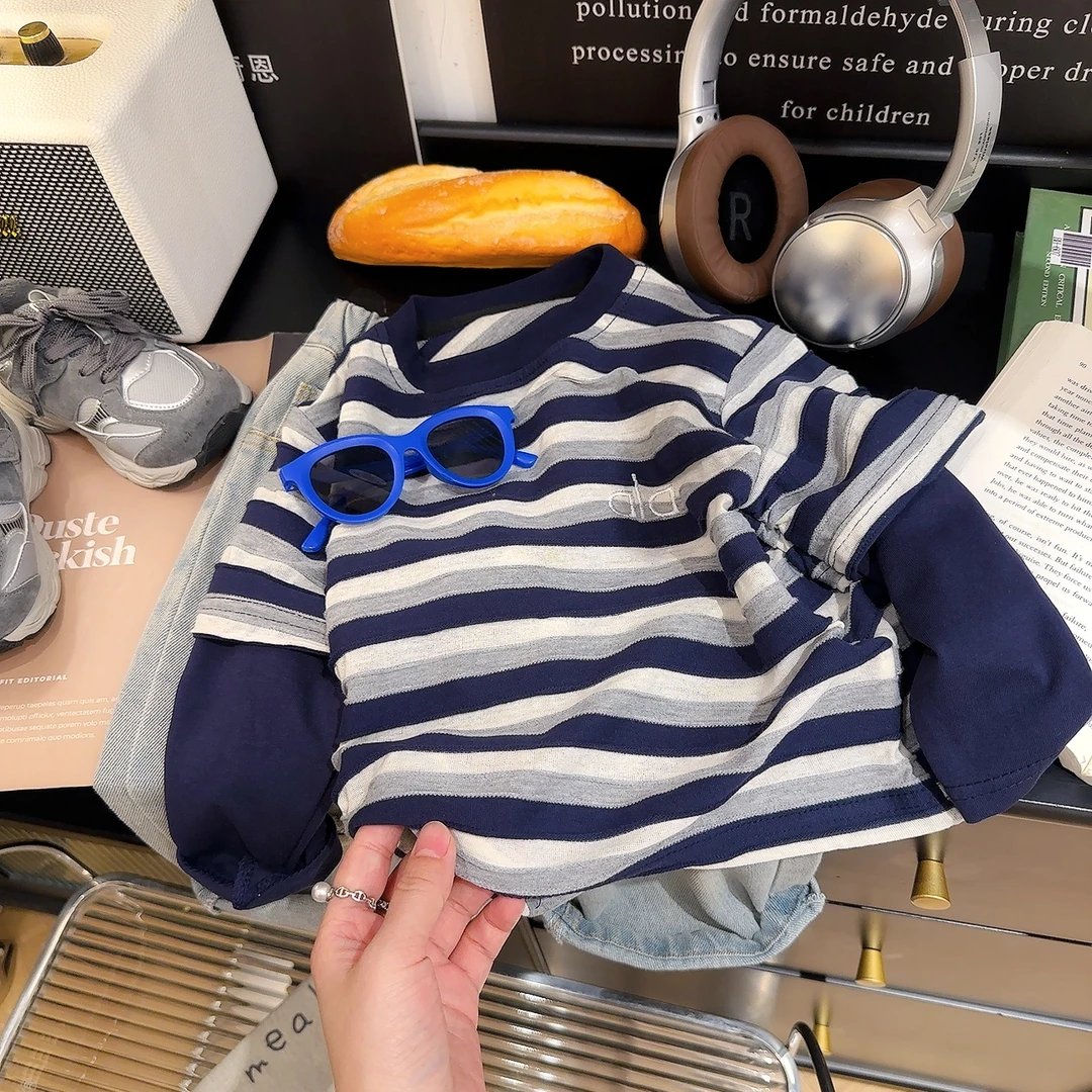 秋季新款长袖T恤色织条纹假两件长袖打底衫百搭上衣