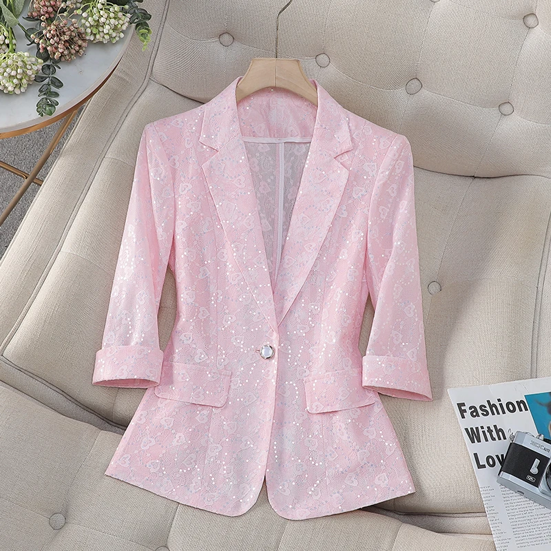 一粒扣修身七分袖修身型镂空西装小西装春夏季时尚薄款休闲百搭