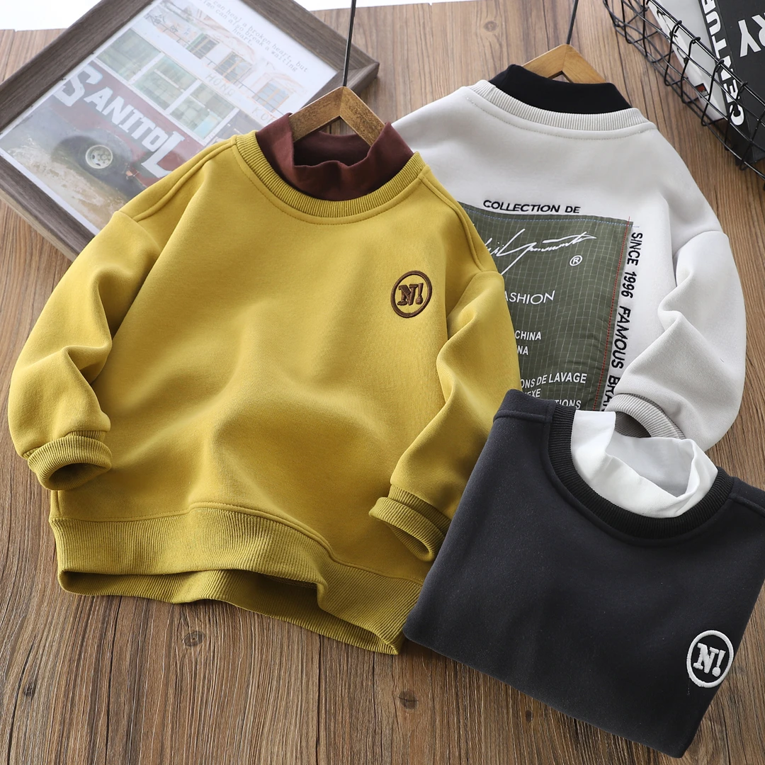 儿童冬季加绒加厚立体刺绣字母中大童休闲圆领卫衣 39032