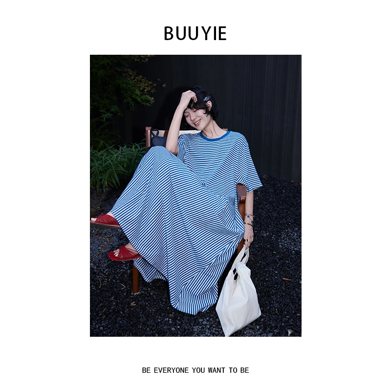 BUUYIE 25SS【静雅】时尚新款洋气百搭蓝条纹连衣裙 250702