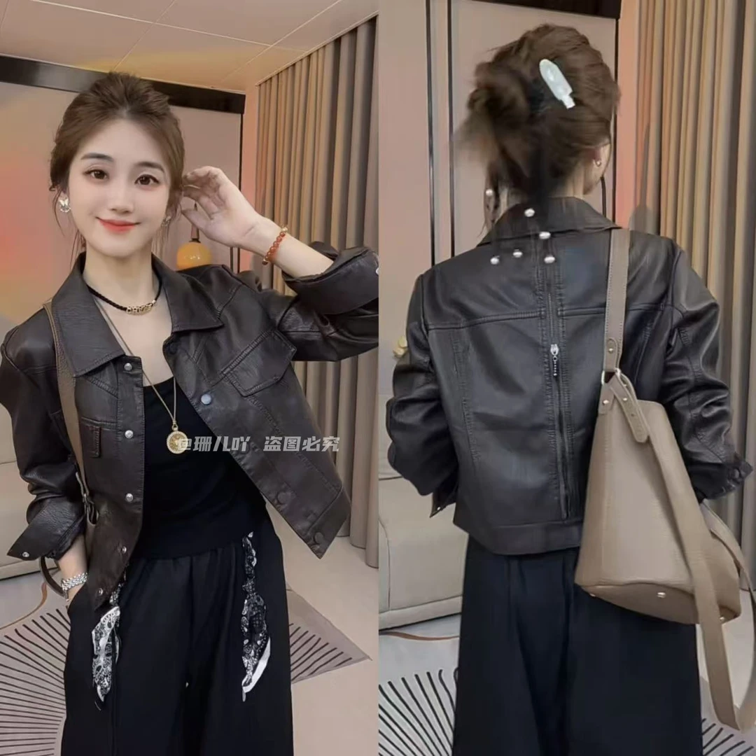 棕色皮衣外套女款2025新款爆款开春秋高级感机车小个子短款皮夹克