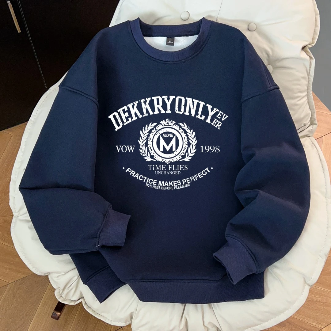 美式英文图标印花套头圆领卫衣男女秋冬季藏青色休闲宽松情侣上衣