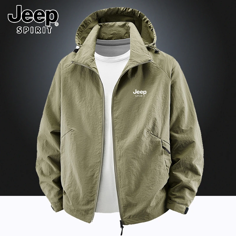 Jeep吉普夹克外套春秋季休闲大码宽松男大码连帽户外薄款冲锋上衣