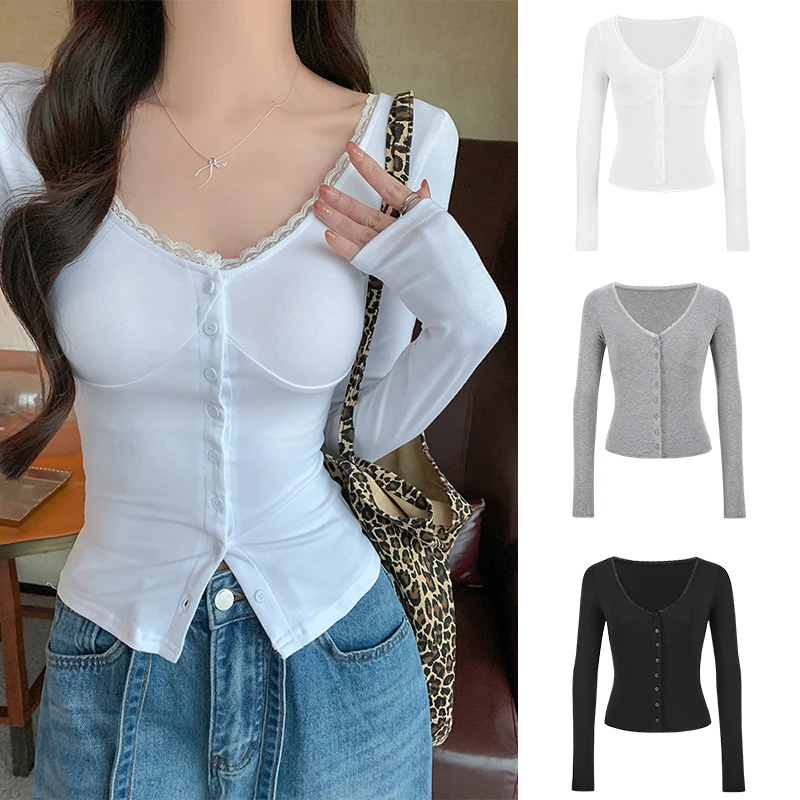 MosesQueen/魔西女王白色蕾丝低领打底衫女春秋短款修身小衫上衣
