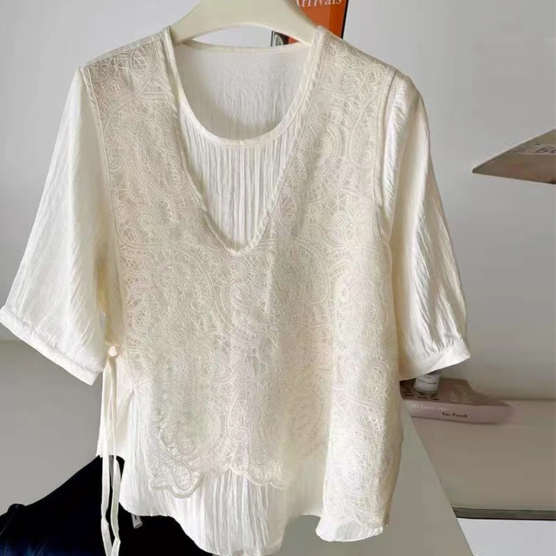 2025新款蕾丝假两件短袖衬衫女夏季洋气宽松显瘦短袖t恤上衣8221