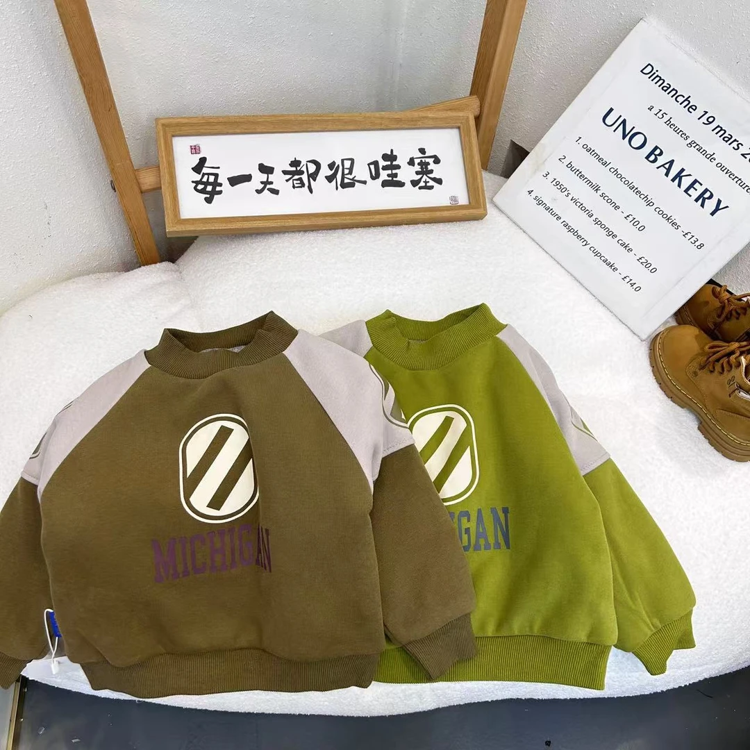 【现货】wy-6814拼接中童长袖时尚休闲加绒洋气卫衣