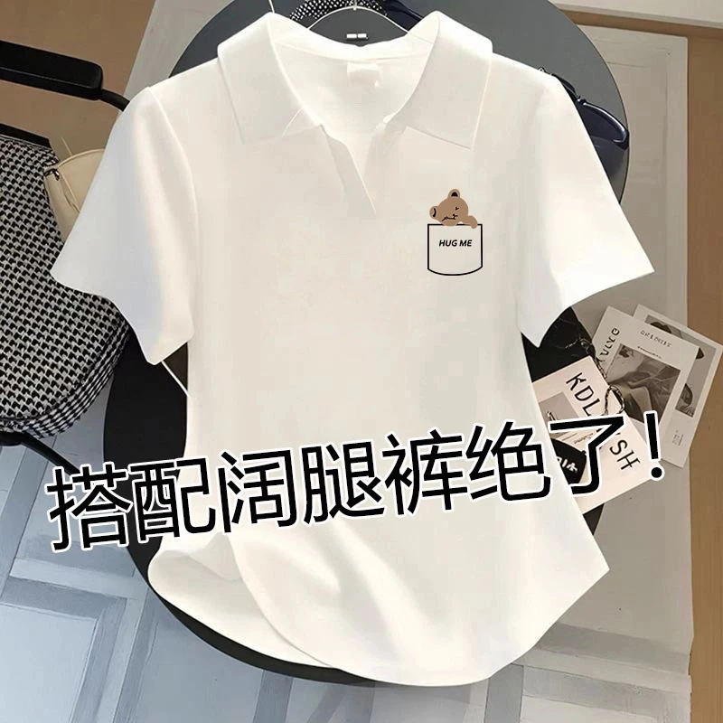 欧货正肩V领短袖POLO衫女夏季宽松休闲印花设计感显瘦洋气T恤上衣