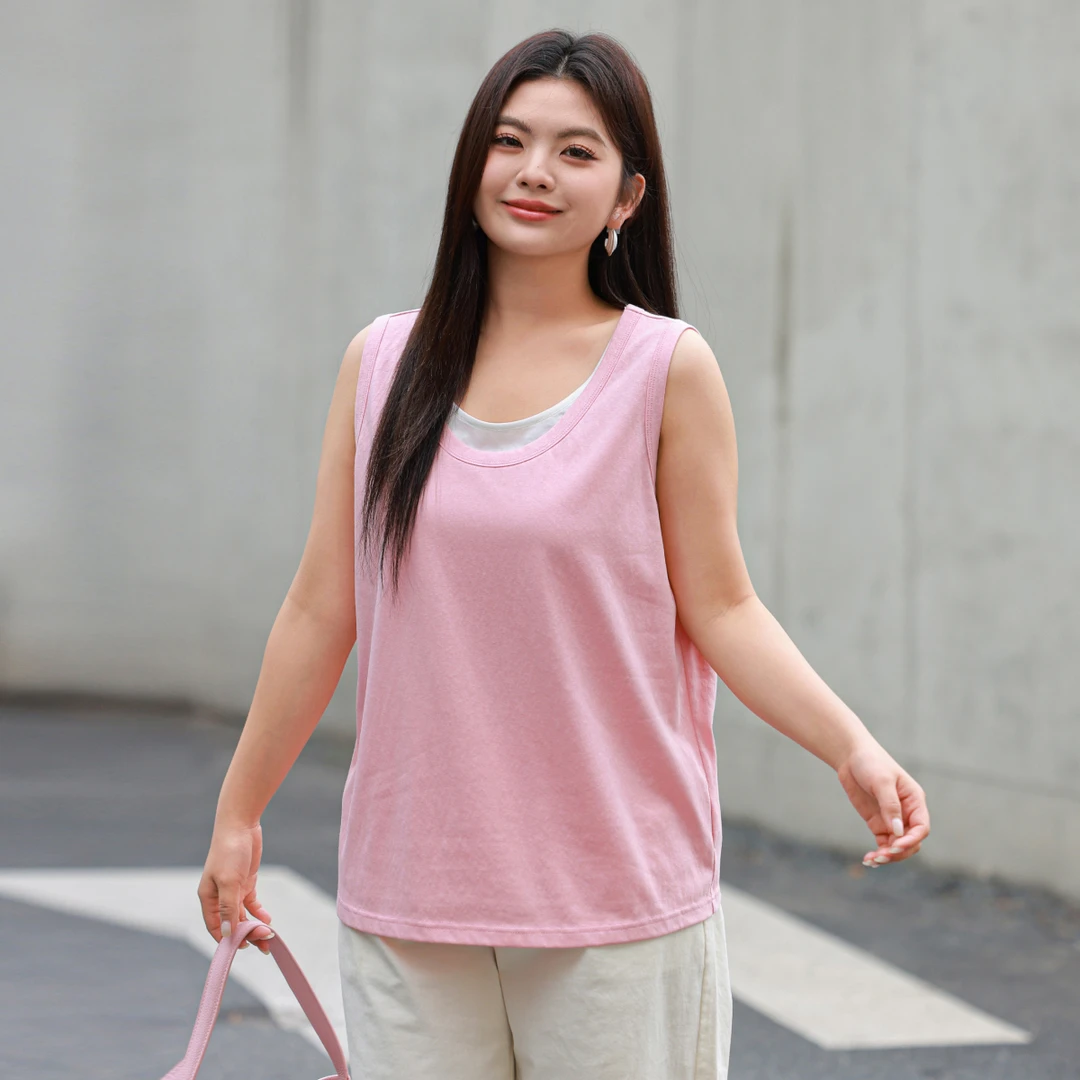 【假两件撞色拼接U领针织背心】MsShe大码女装2025新款夏装M2506008