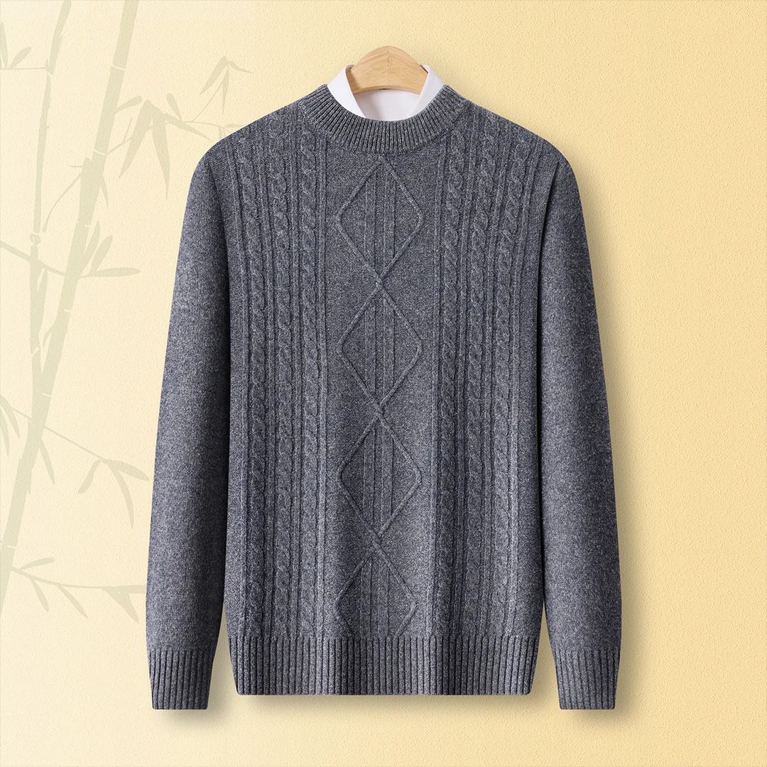 【男士精品】春竹25秋冬圆领绞花加厚款100%纯羊毛衫商务休闲打底衫