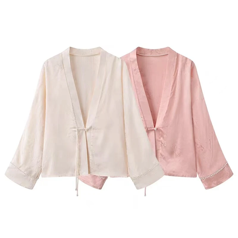 355新中式国风提花V领长袖外套女夏季薄款蝙蝠袖上衣洋气百搭开衫